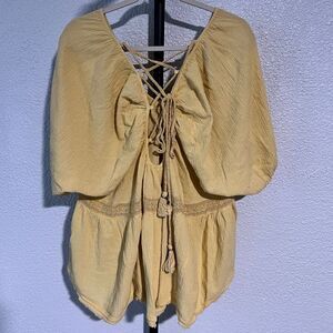 NWOT Free People Oversized Lace Up Back Top with Tassels in Yellow size XS